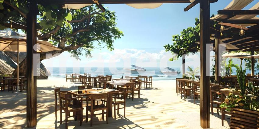Outdoor restaurant at the beach as Tables at beach restaurant background - Ai Generated