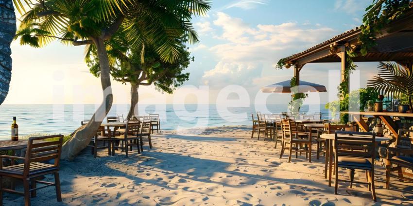 Outdoor restaurant at the beach as Tables at beach restaurant background - Ai Generated