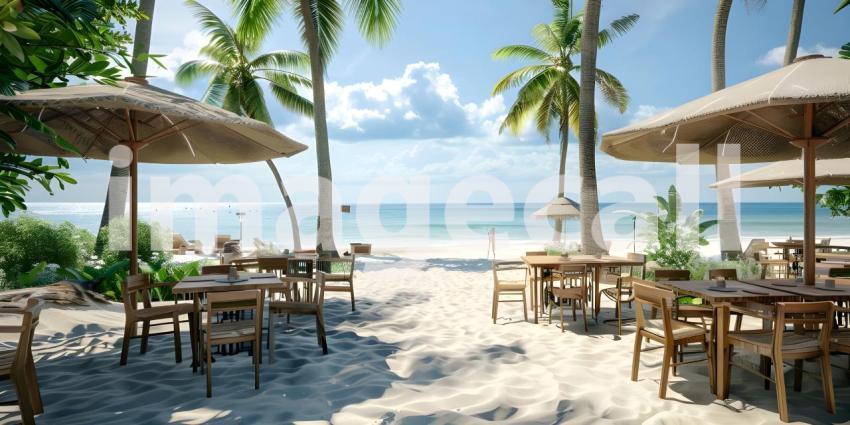 Outdoor restaurant at the beach as Tables at beach restaurant background - Ai Generated