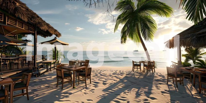 Outdoor restaurant at the beach as Tables at beach restaurant background - Ai Generated