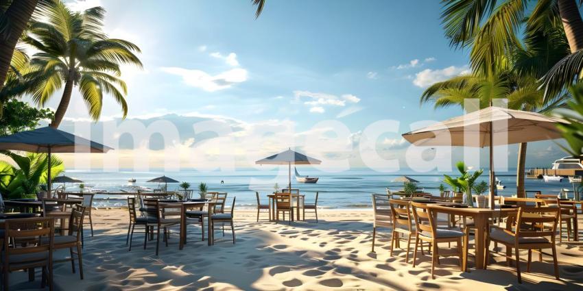 Outdoor restaurant at the beach as Tables at beach restaurant background - Ai Generated