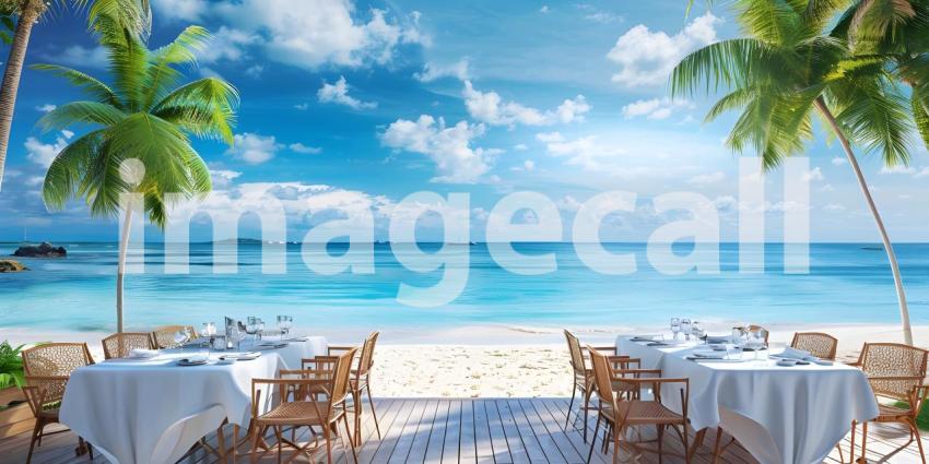 Outdoor restaurant at the beach as Tables at beach restaurant background - Ai Generated
