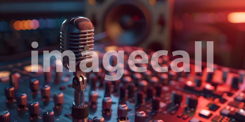 Professional studio microphone with musician blurred background and audio mixer background - Ai Generated