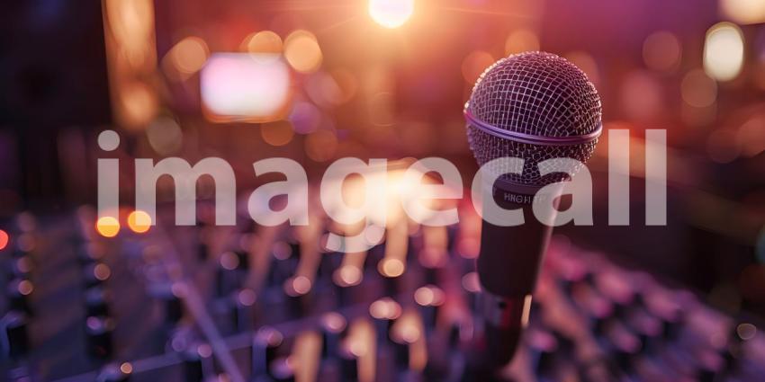 Professional studio microphone with musician blurred background and audio mixer background - Ai Generated