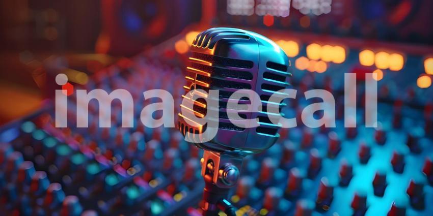 Professional studio microphone with musician blurred background and audio mixer background - Ai Generated