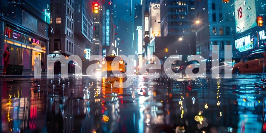 Urban Night Rain in the Big City, Cityscape during Rainy Night Background - Ai Generated