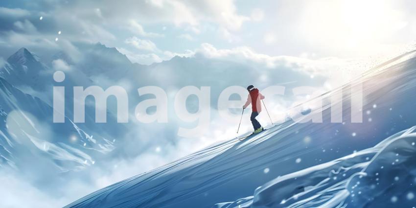 Winter Sports Background with Skier Skiing Downhill, Downhill Skiing Scene for Winter Sports Background - Ai Generated