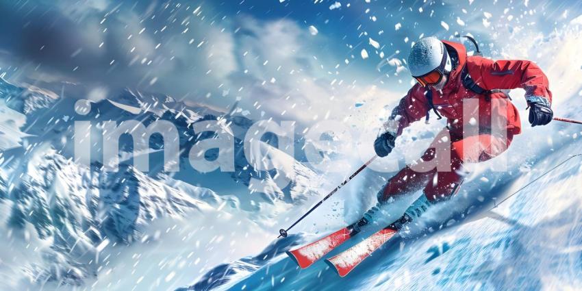 Winter Sports Background with Skier Skiing Downhill, Downhill Skiing Scene for Winter Sports Background - Ai Generated