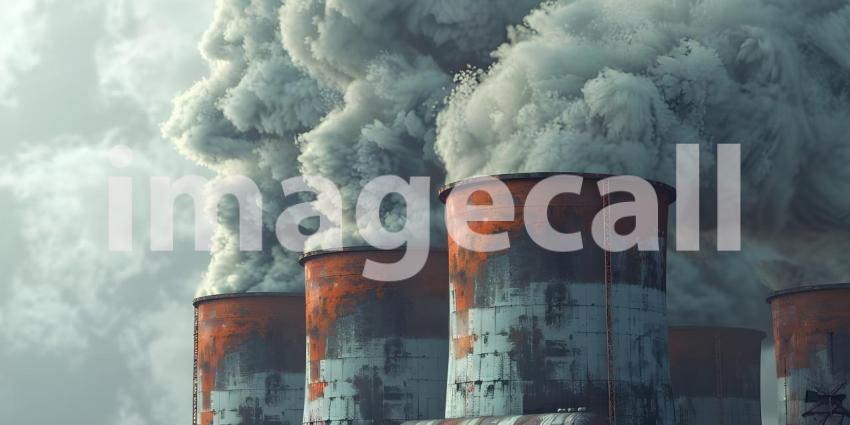 Industrial Landscape: Smoke Rising from Power Plant Chimneys, Factory Emissions: Billowing Smoke from Power Plant Chimneys - Ai Generated