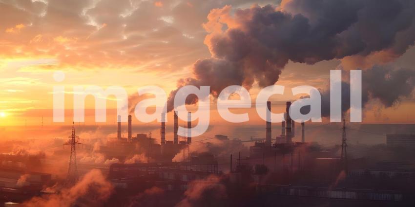 Industrial Landscape: Smoke Rising from Power Plant Chimneys, Factory Emissions: Billowing Smoke from Power Plant Chimneys - Ai Generated