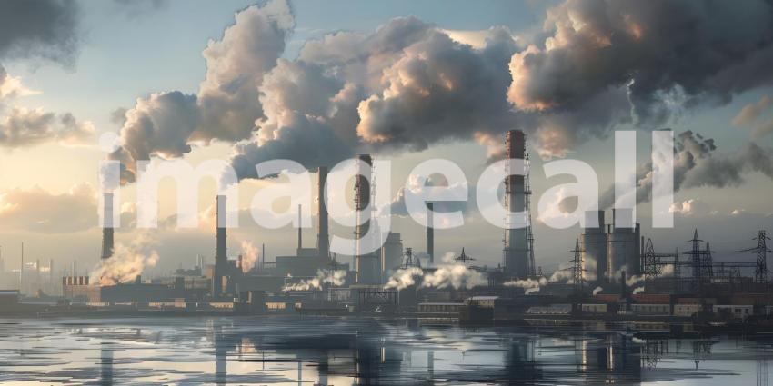 Industrial Landscape: Smoke Rising from Power Plant Chimneys, Factory Emissions: Billowing Smoke from Power Plant Chimneys - Ai Generated