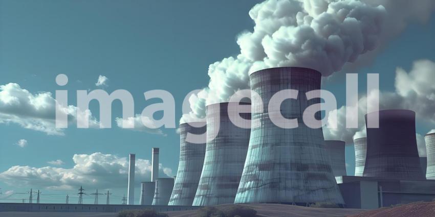 Industrial Landscape: Smoke Rising from Power Plant Chimneys, Factory Emissions: Billowing Smoke from Power Plant Chimneys - Ai Generated