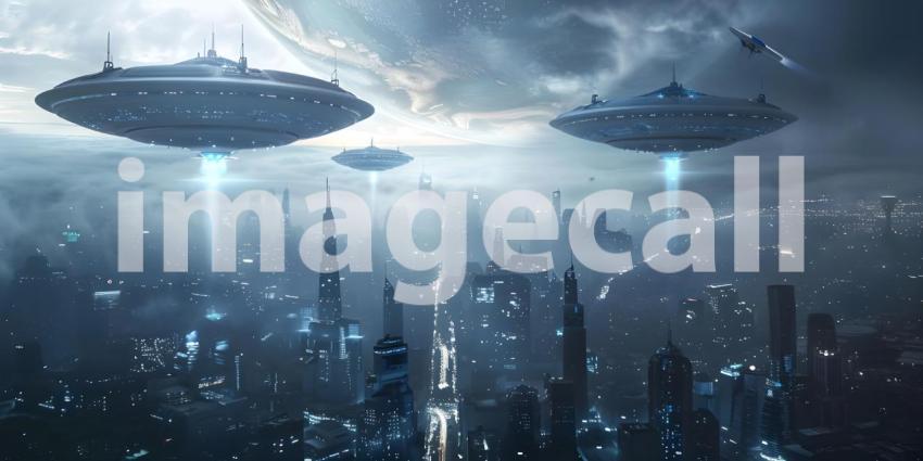 Futuristic Background with UFO Invasion Over the City, UFO Invasion on Futuristic City Background - Ai Generated