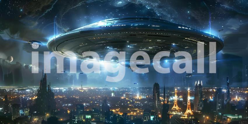 Futuristic Background with UFO Invasion Over the City, UFO Invasion on Futuristic City Background - Ai Generated