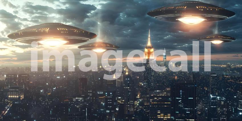 Futuristic Background with UFO Invasion Over the City, UFO Invasion on Futuristic City Background - Ai Generated