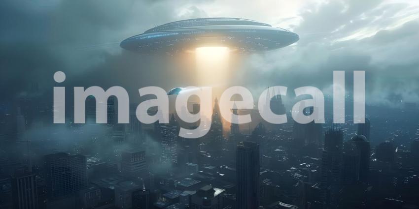 Futuristic Background with UFO Invasion Over the City, UFO Invasion on Futuristic City Background - Ai Generated