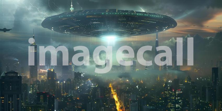Futuristic Background with UFO Invasion Over the City, UFO Invasion on Futuristic City Background - Ai Generated