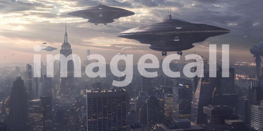 Futuristic Background with UFO Invasion Over the City, UFO Invasion on Futuristic City Background - Ai Generated