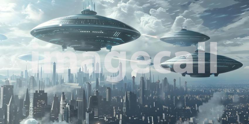 Futuristic Background with UFO Invasion Over the City, UFO Invasion on Futuristic City Background - Ai Generated
