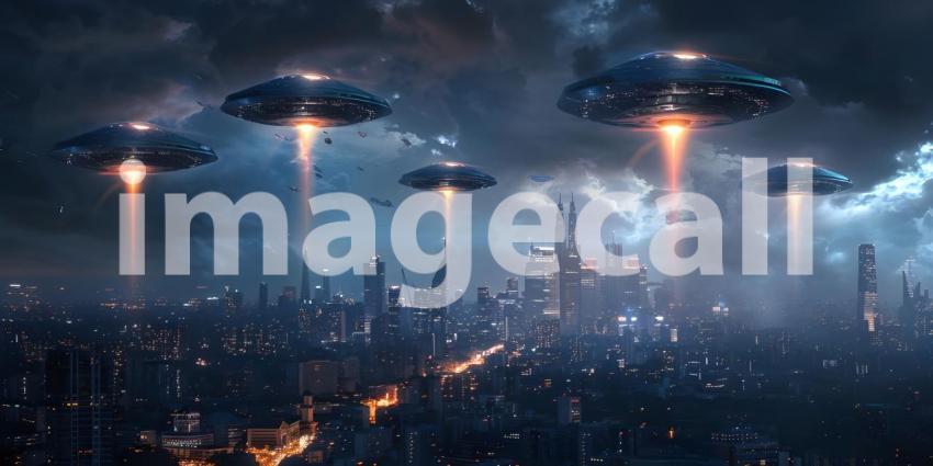 Futuristic Background with UFO Invasion Over the City, UFO Invasion on Futuristic City Background - Ai Generated