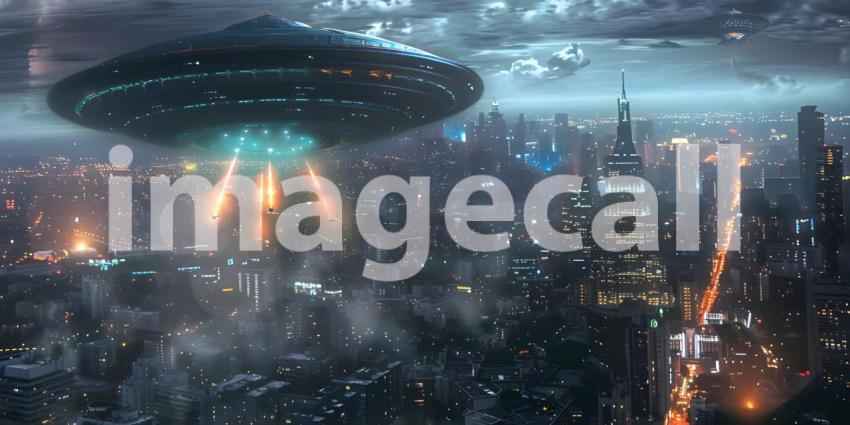 Futuristic Background with UFO Invasion Over the City, UFO Invasion on Futuristic City Background - Ai Generated