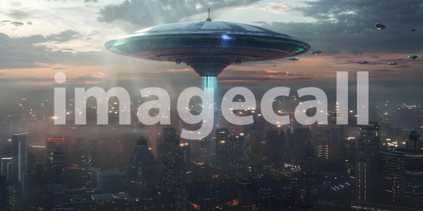 Futuristic Background with UFO Invasion Over the City, UFO Invasion on Futuristic City Background - Ai Generated