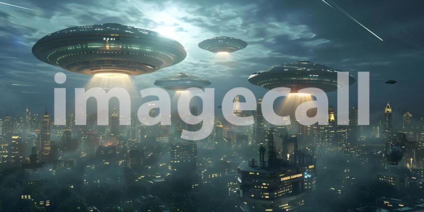 Futuristic Background with UFO Invasion Over the City, UFO Invasion on Futuristic City Background - Ai Generated