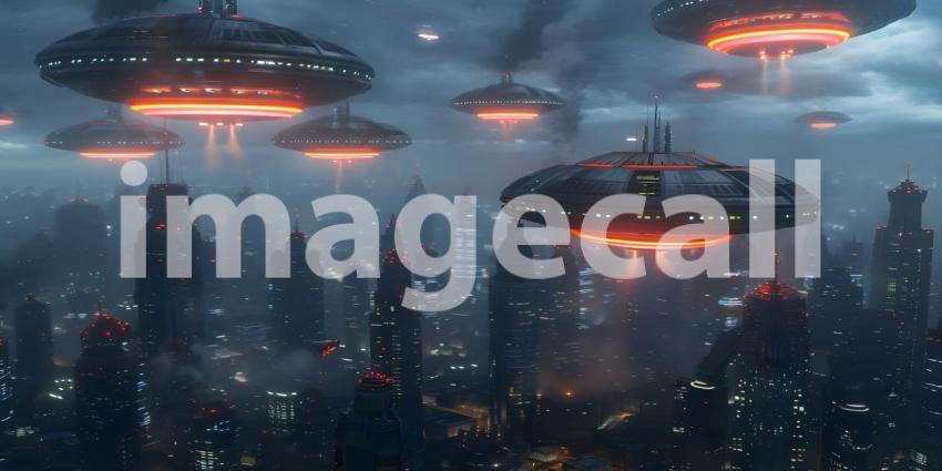 Futuristic Background with UFO Invasion Over the City, UFO Invasion on Futuristic City Background - Ai Generated