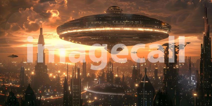 Futuristic Background with UFO Invasion Over the City, UFO Invasion on Futuristic City Background - Ai Generated