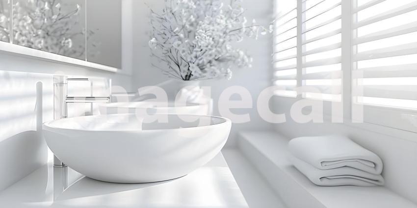 Modern Vessel Sink in White Bathroom Interior Background, Contemporary White Bathroom with Vessel Sink Interior - Ai Generated