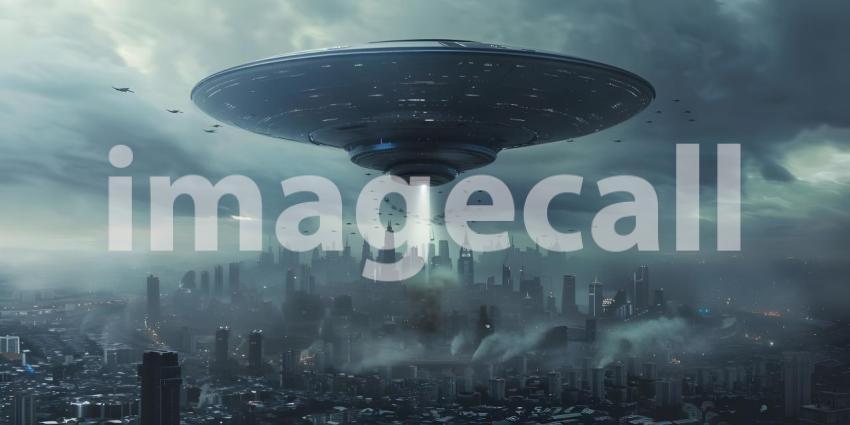 Futuristic Background with UFO Invasion Over the City, UFO Invasion on Futuristic City Background - Ai Generated