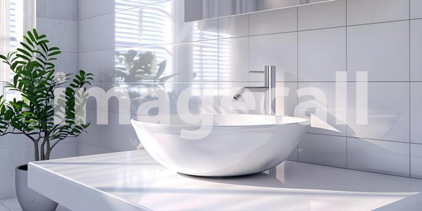 Modern Vessel Sink in White Bathroom Interior Background, Contemporary White Bathroom with Vessel Sink Interior - Ai Generated