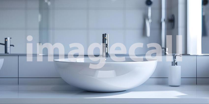 Modern Vessel Sink in White Bathroom Interior Background, Contemporary White Bathroom with Vessel Sink Interior - Ai Generated