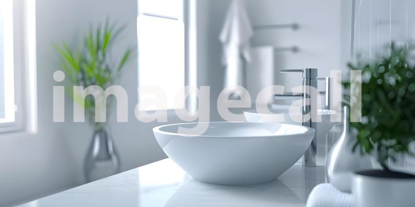 Modern Vessel Sink in White Bathroom Interior Background, Contemporary White Bathroom with Vessel Sink Interior - Ai Generated