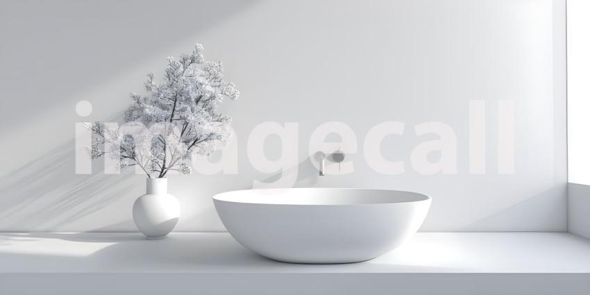 Modern Vessel Sink in White Bathroom Interior Background, Contemporary White Bathroom with Vessel Sink Interior - Ai Generated