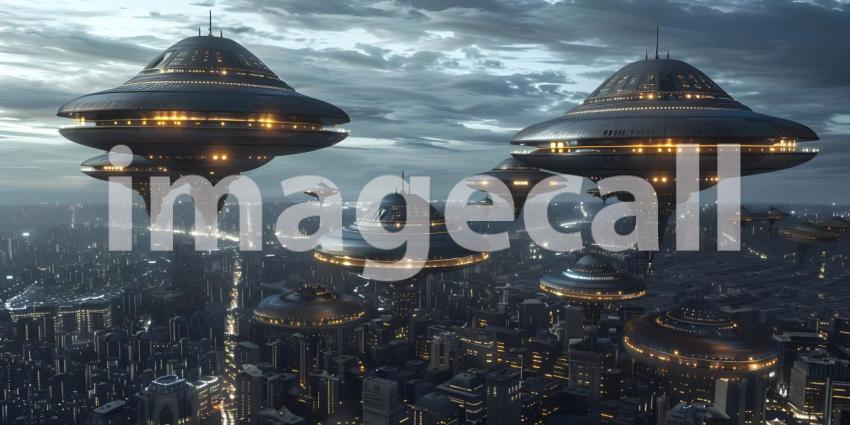 Futuristic Background with UFO Invasion Over the City, UFO Invasion on Futuristic City Background - Ai Generated