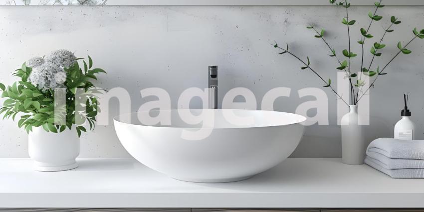 Modern Vessel Sink in White Bathroom Interior Background, Contemporary White Bathroom with Vessel Sink Interior - Ai Generated