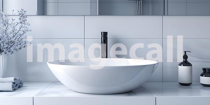 Modern Vessel Sink in White Bathroom Interior Background, Contemporary White Bathroom with Vessel Sink Interior - Ai Generated