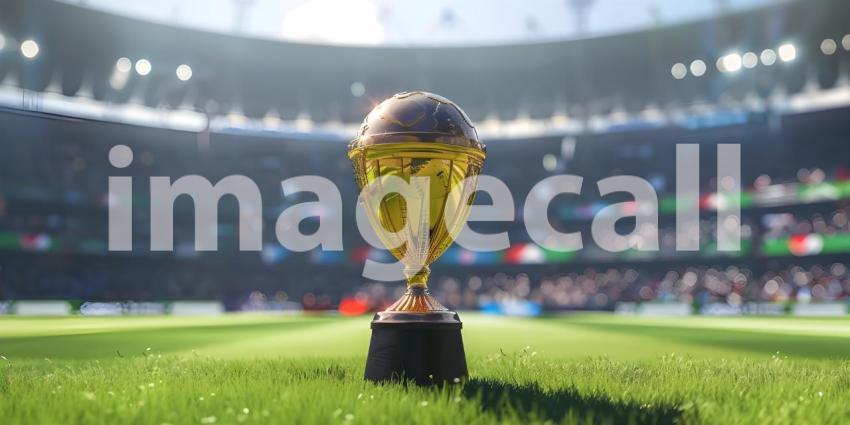 Cricket Stadium Background with World Cup Trophy, World Cup Trophy in Cricket Stadium - Ai Generated