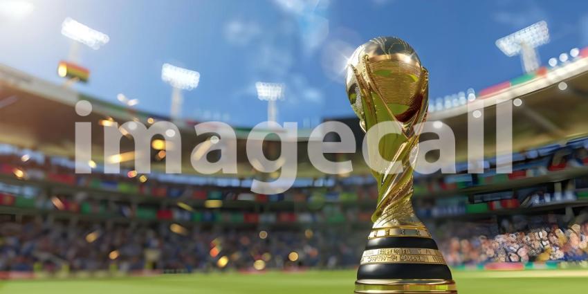 Cricket Stadium Background with World Cup Trophy, World Cup Trophy in Cricket Stadium - Ai Generated