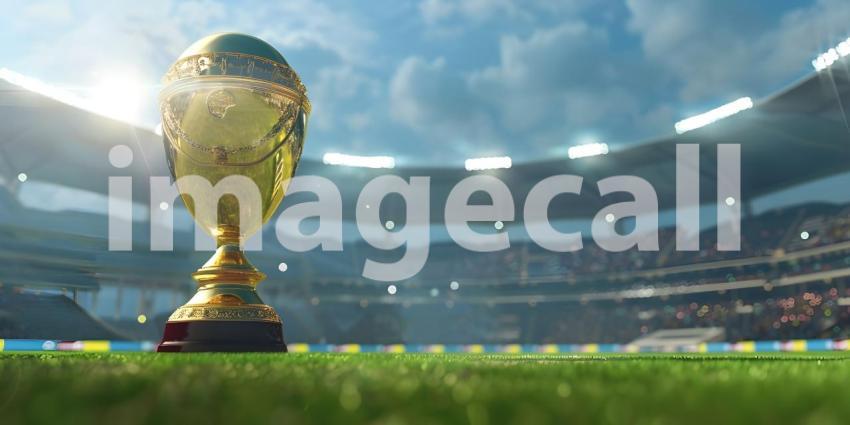 Cricket Stadium Background with World Cup Trophy, World Cup Trophy in Cricket Stadium - Ai Generated