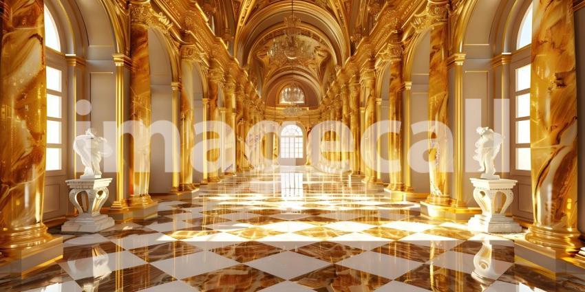 Gold marble interior of the royal golden palace castle interior background - Ai Generated