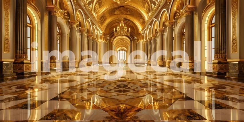 Gold marble interior of the royal golden palace castle interior background - Ai Generated