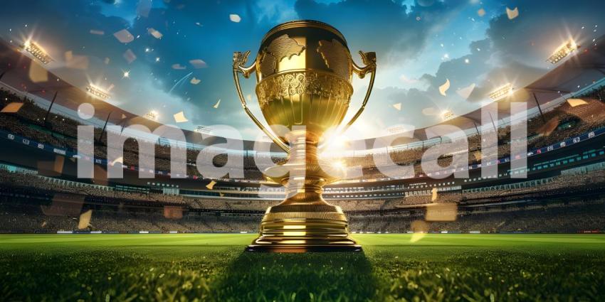 Cricket Stadium Background with World Cup Trophy, World Cup Trophy in Cricket Stadium - Ai Generated