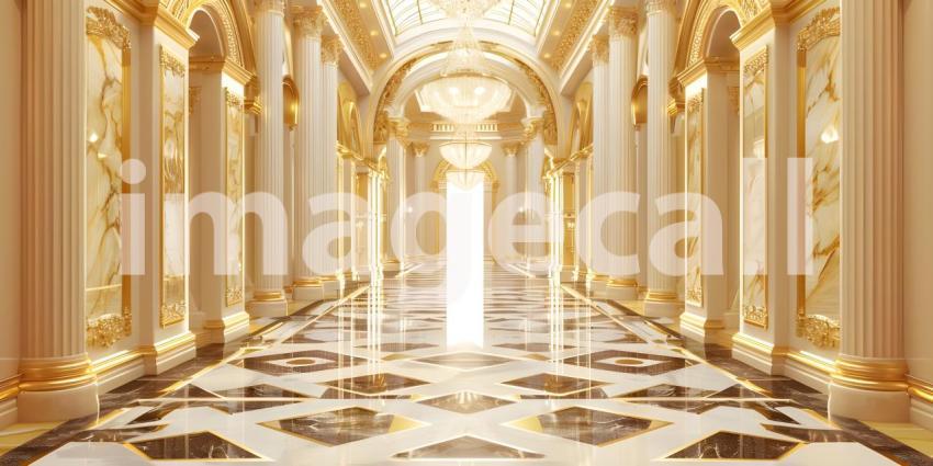 Gold marble interior of the royal golden palace castle interior background - Ai Generated