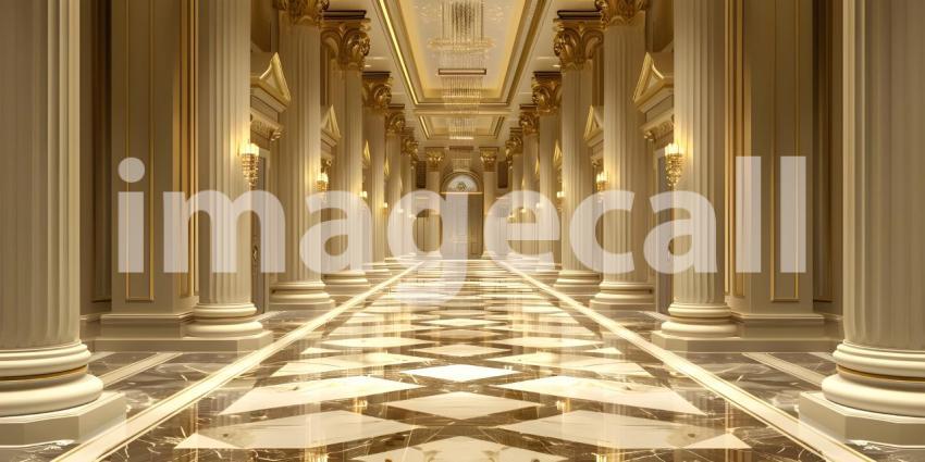Gold marble interior of the royal golden palace castle interior background - Ai Generated