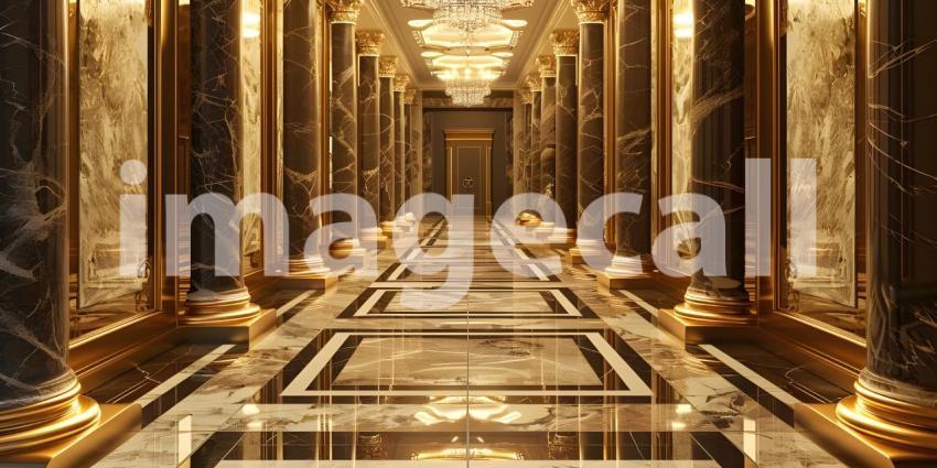 Gold marble interior of the royal golden palace castle interior background - Ai Generated