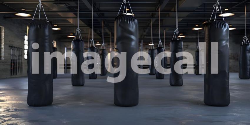Blank Punching Bags in Boxing Gym background - Ai Generated
