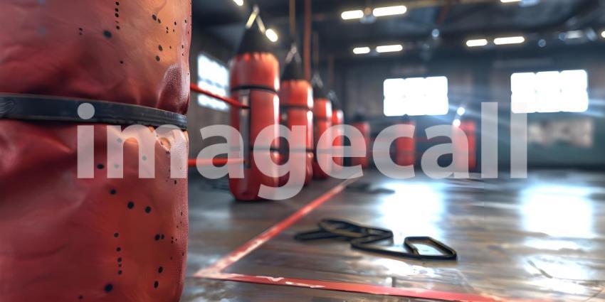 Blank Punching Bags in Boxing Gym background - Ai Generated