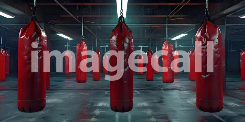 Blank Punching Bags in Boxing Gym background - Ai Generated